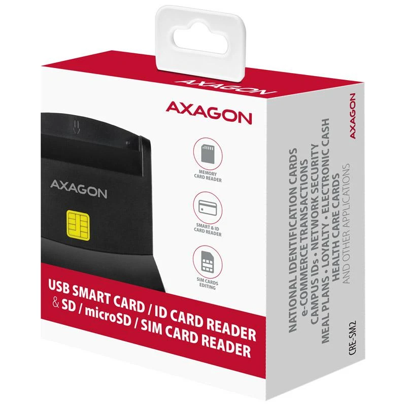 Axagon stalinio stovo skaitytuvas Išmanioji kortelė / ID kortelė AXAGON CRE-SM2 su USB 2.0 sąsaja turi SD, Micro SD ir SIM kortelių lizdus.