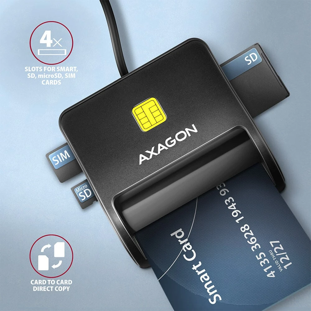 Axagon Compact stalinis USB kontaktas Smart/ID ir SD/Micro SD/SIM kortelių skaitytuvas su ilgu USB-A laidu.