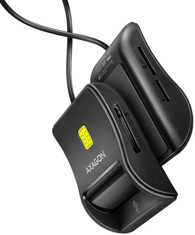 Axagon Compact stalinis USB kontaktas Smart/ID ir SD/Micro SD/SIM kortelių skaitytuvas su ilgu USB-A laidu.
