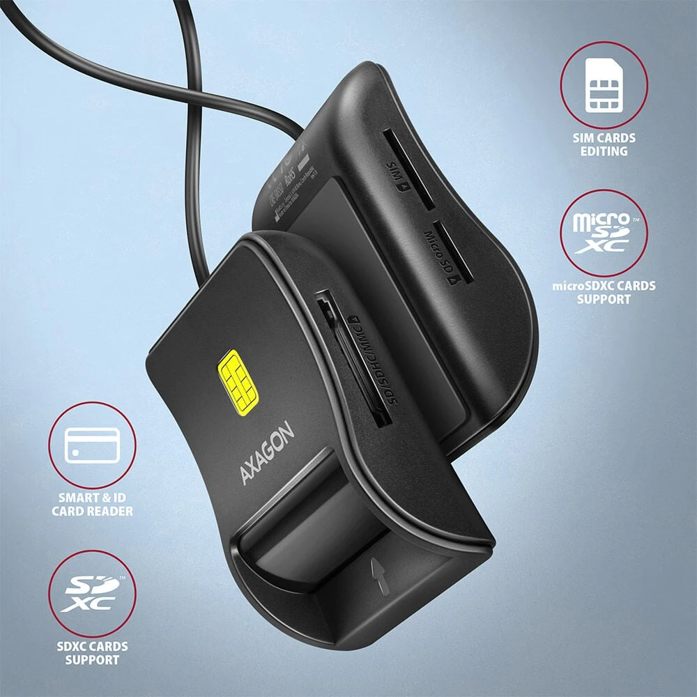 Axagon Compact stalinis USB kontaktas Smart/ID ir SD/Micro SD/SIM kortelių skaitytuvas su ilgu USB-A laidu.
