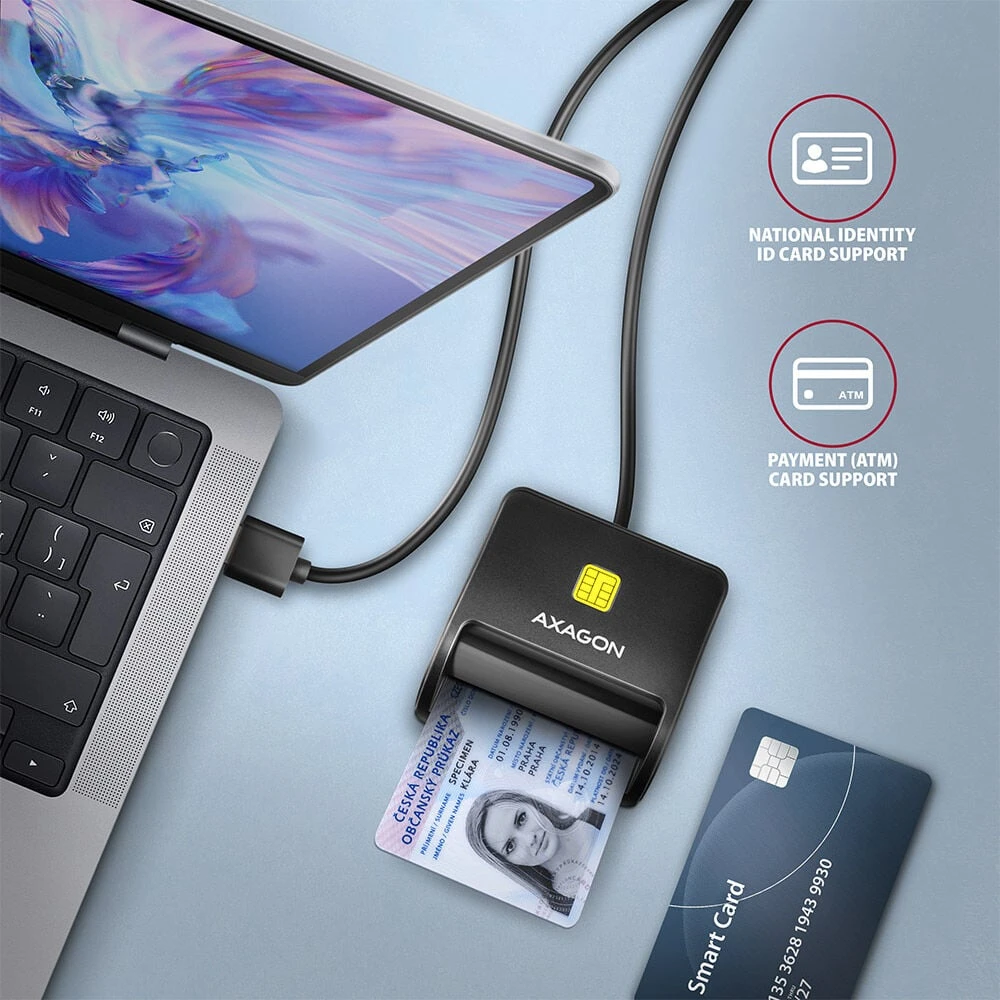 Axagon Compact stalinis USB kontaktas Smart/ID ir SD/Micro SD/SIM kortelių skaitytuvas su ilgu USB-A laidu.