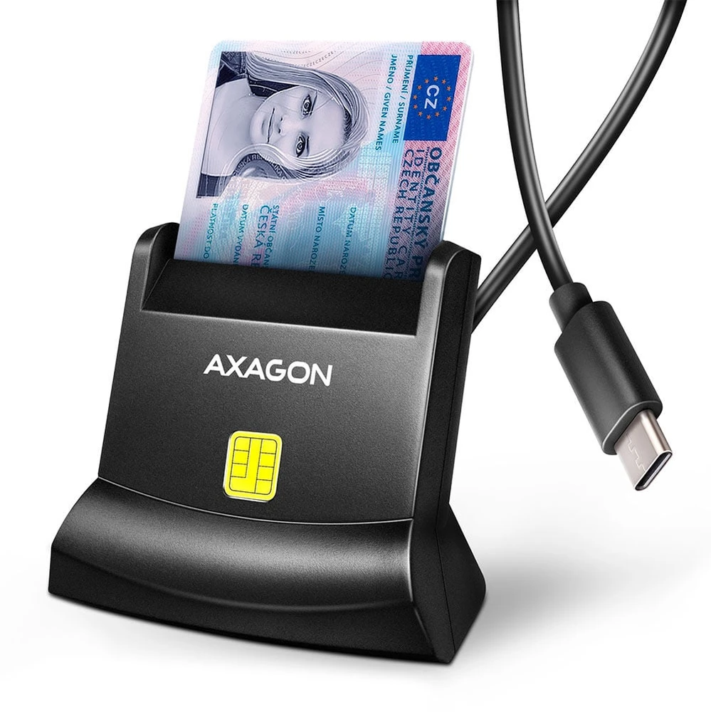 „Axagon CRE-SM4NC“ USB-C išmaniųjų kortelių skaitytuvas. Universalus stalinis USB kontaktinis išmaniųjų ID kortelių skaitytuvas su ilgu USB-C laidu.