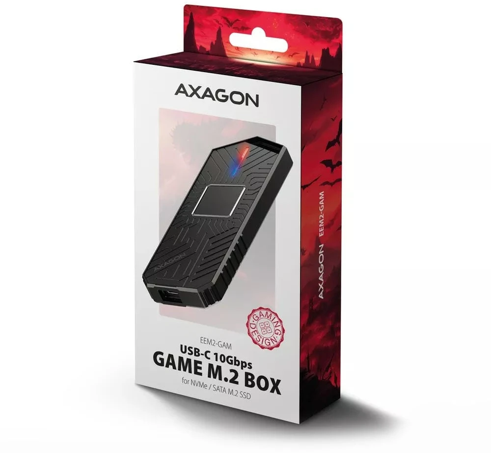 „AXAGON USB-C 10Gbps“ – M.2 NVMe ir SATA SSD GAME M.2 dėžutė | EEM2-GAM