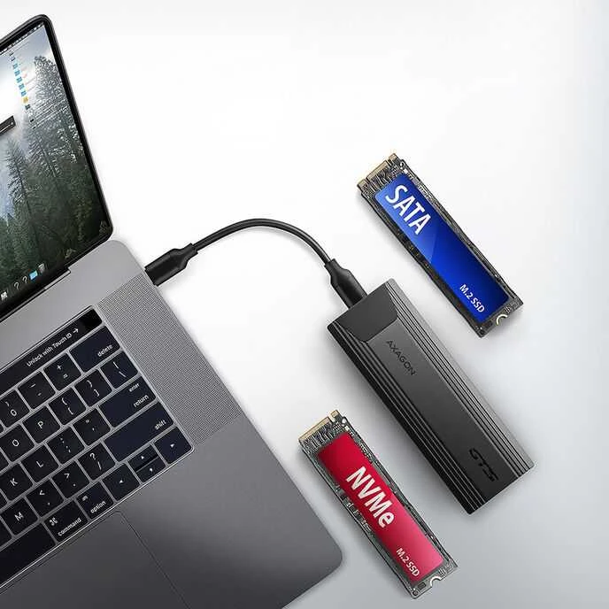 „AXAGON USB-C 10Gbps“ – M.2 NVMe ir SATA SSD plona dėžutė be atsuktuvų | EEM2-GTS2