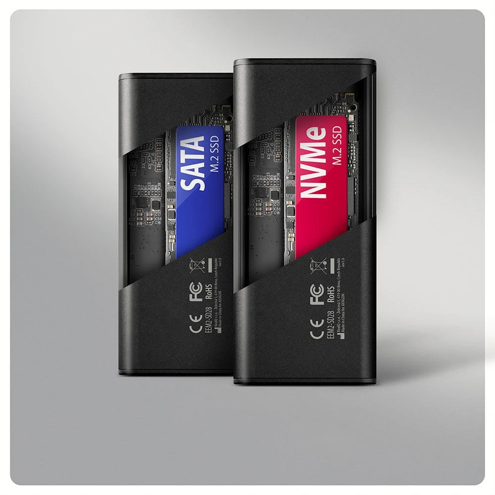 „Axagon EEM2-SD2B USB-C 10Gbps-M.2 NVMe ir SATA SSD“ ekrano dėžutė