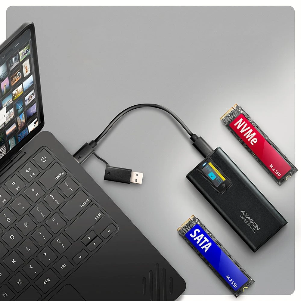 „Axagon EEM2-SD2B USB-C 10Gbps-M.2 NVMe ir SATA SSD“ ekrano dėžutė