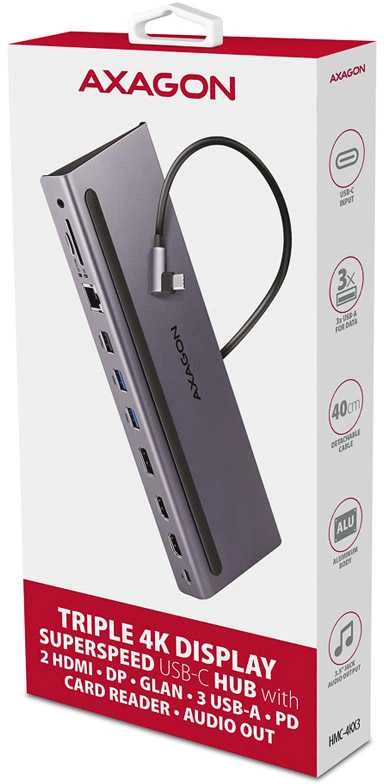 „Axagon“ kelių prievadų USB-C 5Gbps trigubas 4K ekrano šakotuvas HMC-4KX3