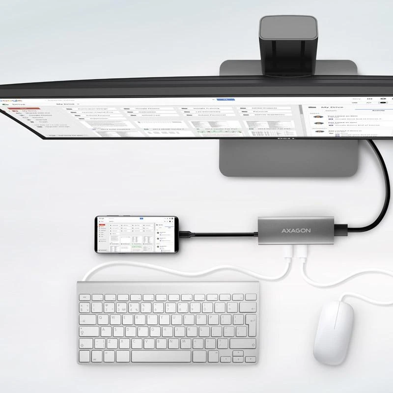 AXAGON USB-C šakotuvas su telefonu ir monitoriumi
