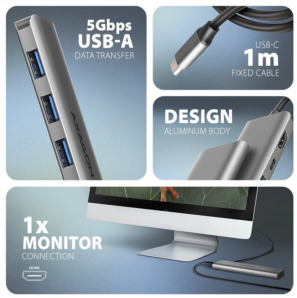 AXAGON HMC-5H USB-C 3.2 Gen 1 šakotuvas, 3x USB-A, 4K HDMI, PD 100W, 100 cm USB-C laidas