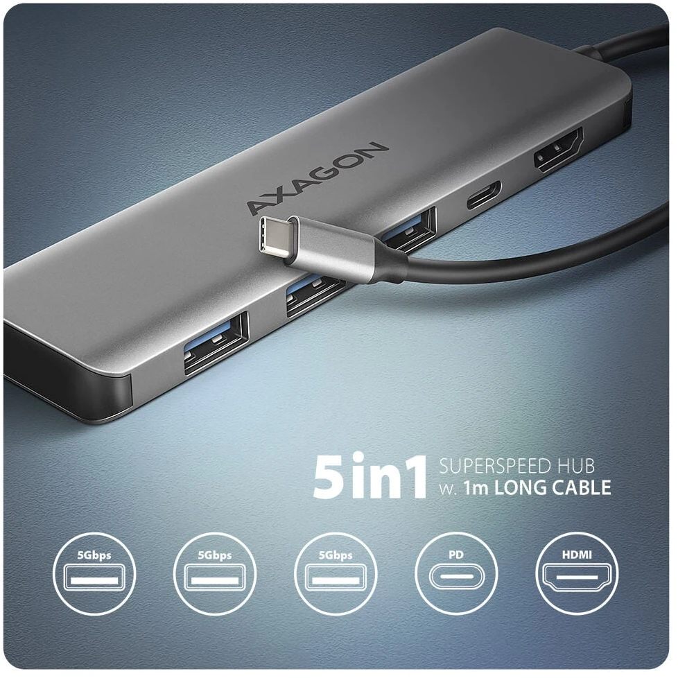 AXAGON HMC-5H USB-C 3.2 Gen 1 šakotuvas, 3x USB-A, 4K HDMI, PD 100W, 100 cm USB-C laidas