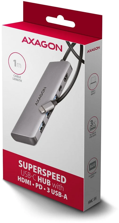 AXAGON HMC-5H USB-C 3.2 Gen 1 šakotuvas, 3x USB-A, 4K HDMI, PD 100W, 100 cm USB-C laidas