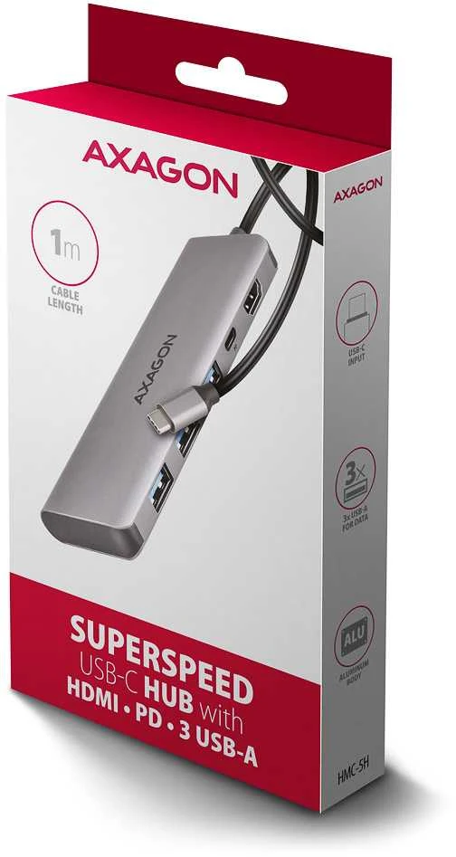 AXAGON HMC-5H USB-C 3.2 Gen 1 šakotuvas, 3x USB-A, 4K HDMI, PD 100W, 100 cm USB-C laidas