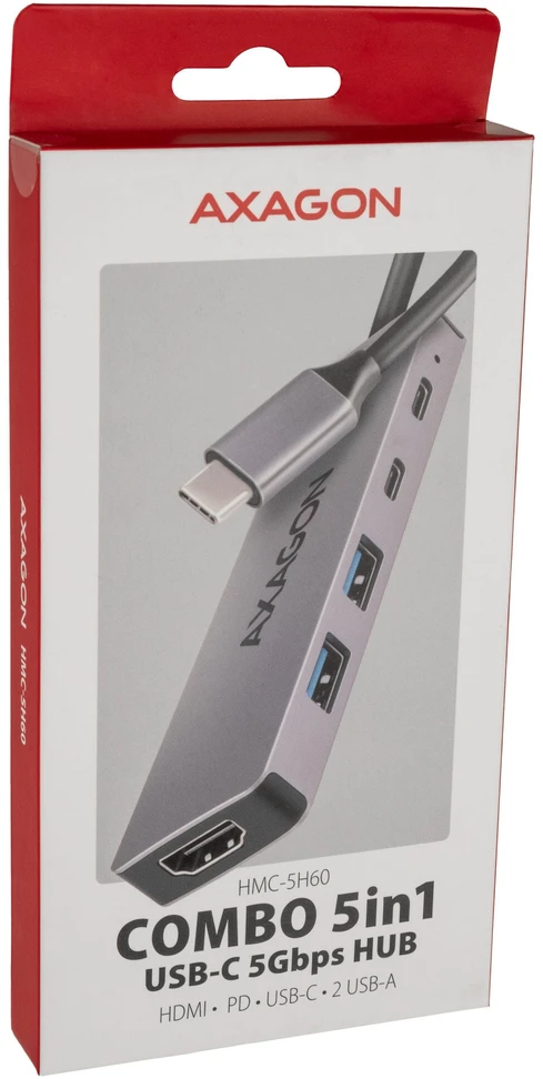 AXAGON HMC-5H60 USB-C 3.2 Gen 1 šakotuvas, 2 x USB-A, 1 x USB-C, 4K 60 Hz HDMI, PD 100 W, 15 cm USB-C laidas