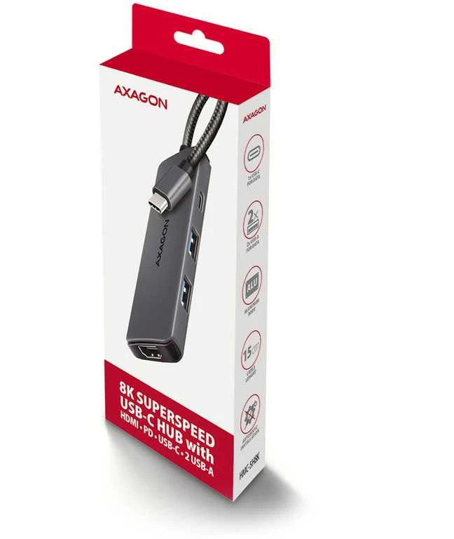 AXAGON HMC-5H8K USB 5Gbps šakotuvas, 2x USB-A, USB-C, HDMI 8k/30Hz, PD 100W,
