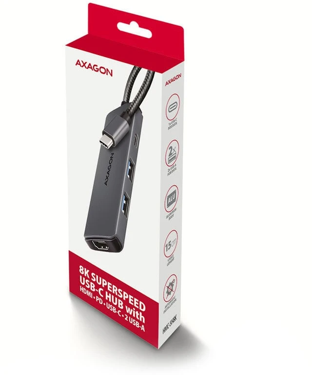 AXAGON HMC-5H8K USB 5Gbps šakotuvas, 2x USB-A, USB-C, HDMI 8k/30Hz, PD 100W,