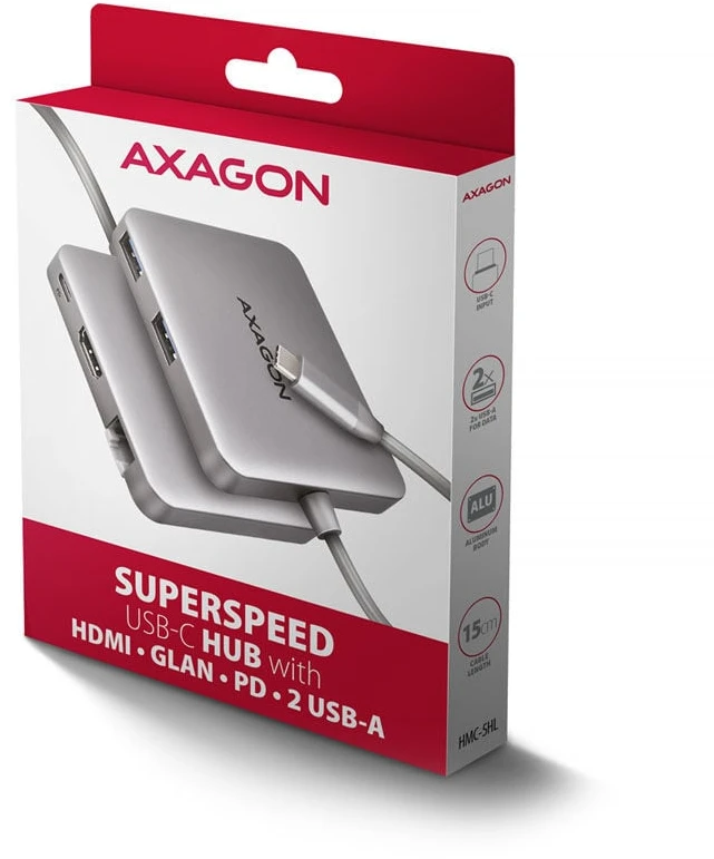 AXAGON HMC-5HL USB 5Gbps šakotuvas, 2x USB-A, HDMI 4k/60Hz, RJ-45, PD 100W, 20c