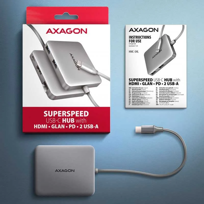 AXAGON HMC-5HL USB 5Gbps šakotuvas, 2x USB-A, HDMI 4k/60Hz, RJ-45, PD 100W, 20c