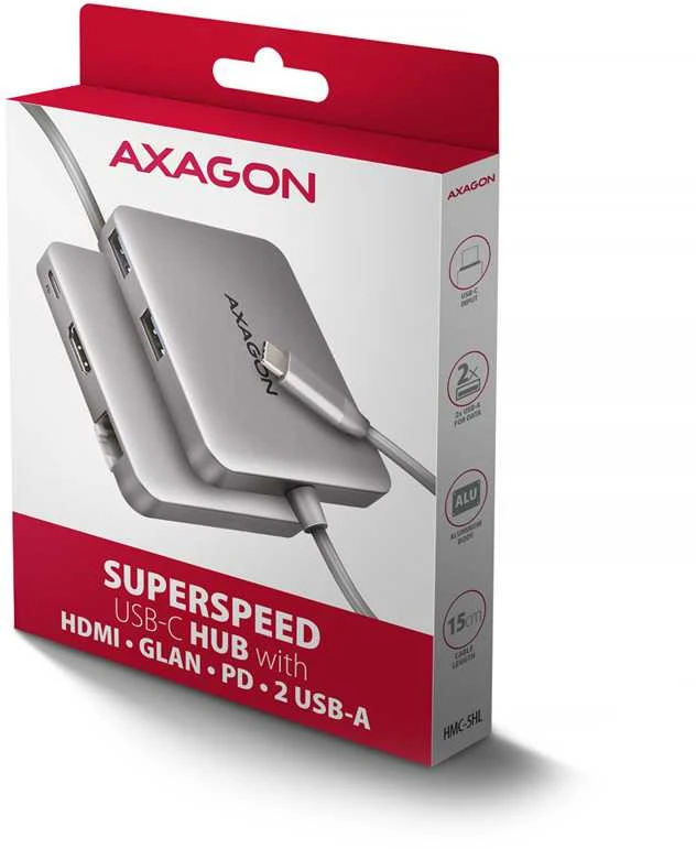 AXAGON HMC-5HL USB 5Gbps šakotuvas, 2x USB-A, HDMI 4k/60Hz, RJ-45, PD 100W, 20c