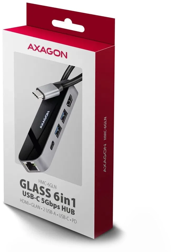 AXAGON HMC-6GLN 2x USB-A 5Gbps, 1x USB-C 5Gbps, 4K/60Hz HDMI, RJ-45, USB 3.2 Gen 1 šakotuvas, PD 100W, 20 cm USB-C laidas