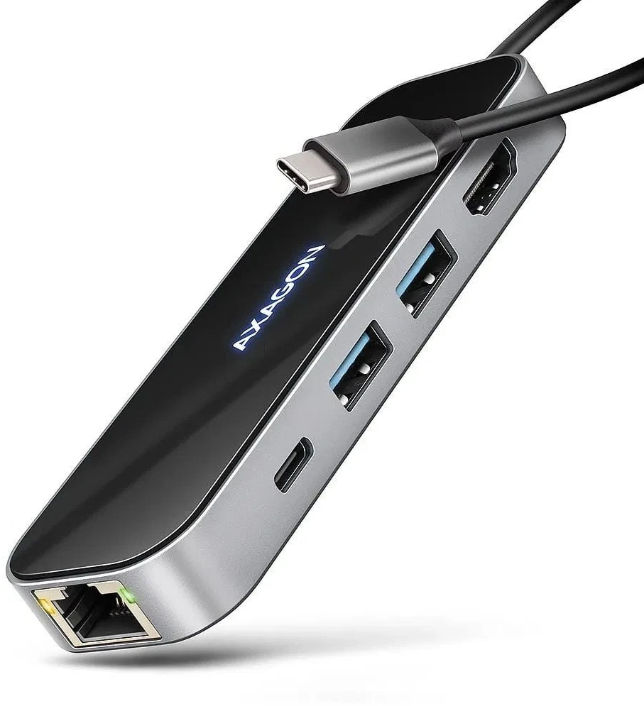 AXAGON HMC-6GLN 2x USB-A 5Gbps, 1x USB-C 5Gbps, 4K/60Hz HDMI, RJ-45, USB 3.2 Gen 1 šakotuvas, PD 100W, 20 cm USB-C laidas