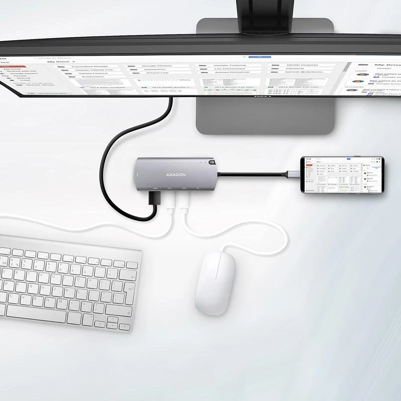 Axagon HMC-6M2 SUPERSPEED USB-C COMBO 6IN1 HUBMultiport USB 3.2 Gen 1 šakotuvas. SATA M.2, HDMI, Gigabit LAN ir maitinimo tiekimas. USB-C laidas 18 cm.