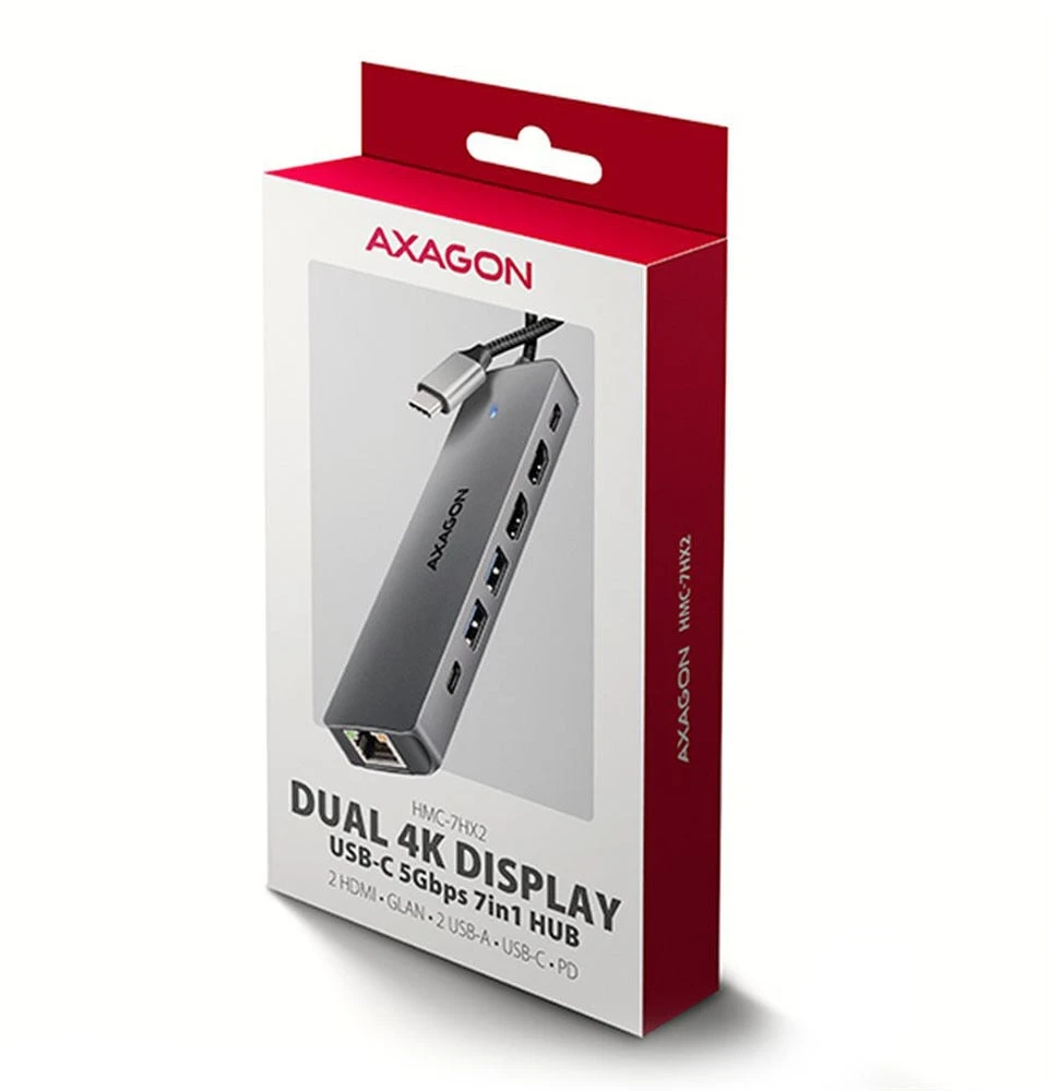AXAGON HMC-7HX2 USB-C 3.2 Gen 1 šakotuvas, 2x USB-A + 1x USB-C, 2x HDMI 4K 60Hz, GLAN, PD 100W, 15 cm USB-C laidas