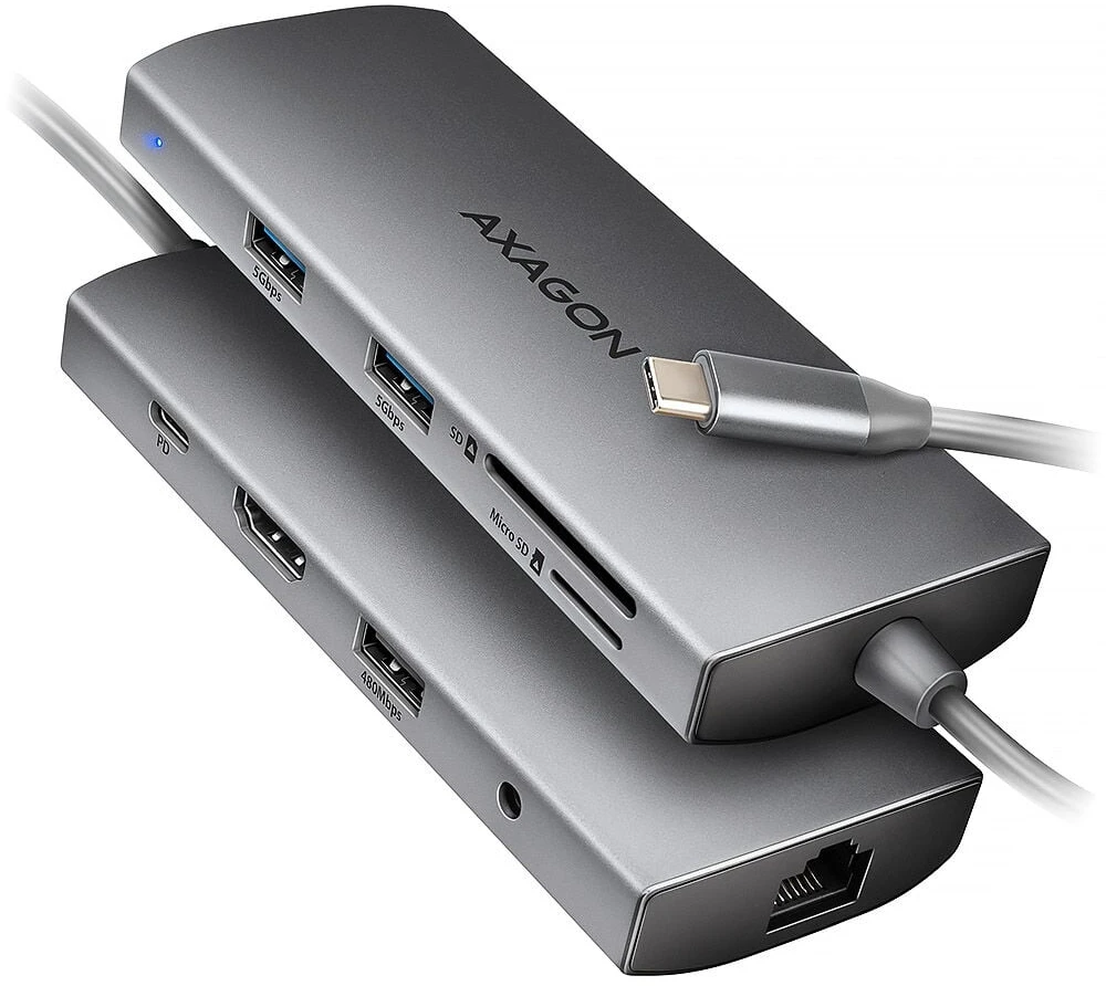 AXAGON HMC-8HLSA USB-C 3.2 Gen 1 šakotuvas, 3x USB-A + 4K/30Hz HDMI + SD / Micro SD, GLAN, garsas, PD 100 W, 20 cm USB-C laidas