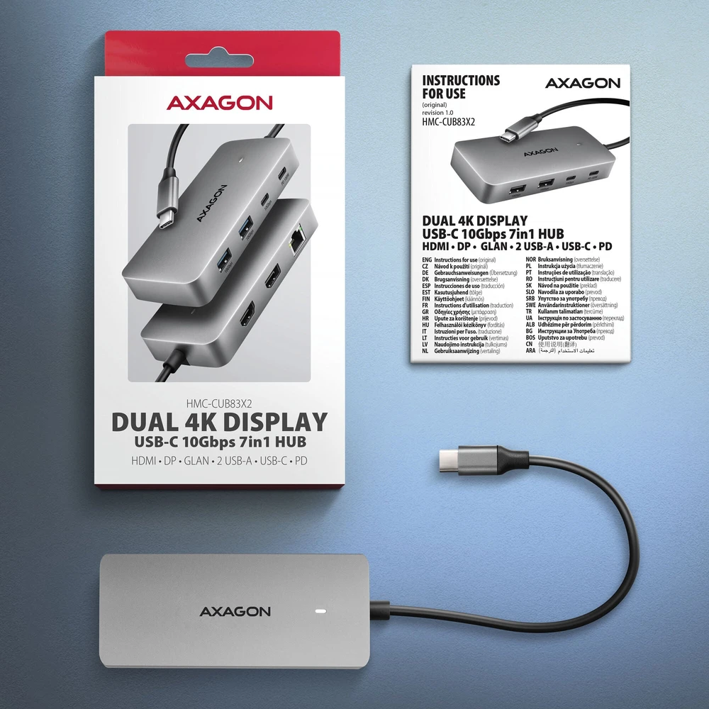 „AXAGON USB-C 10Gbps DUAL 4K DISPLAY 7in1“ šakotuvas | HMC-CUB83X2
