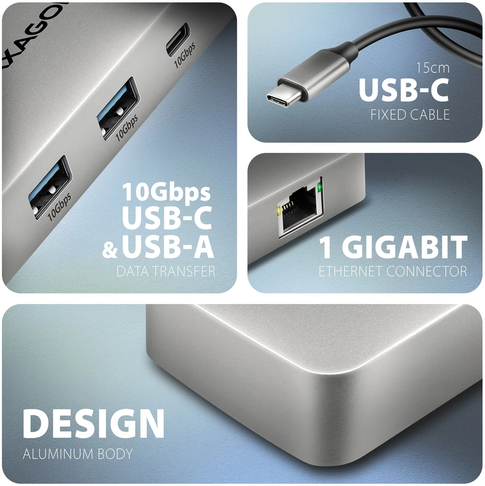 „AXAGON USB-C 10Gbps DUAL 4K DISPLAY 7in1“ šakotuvas | HMC-CUB83X2