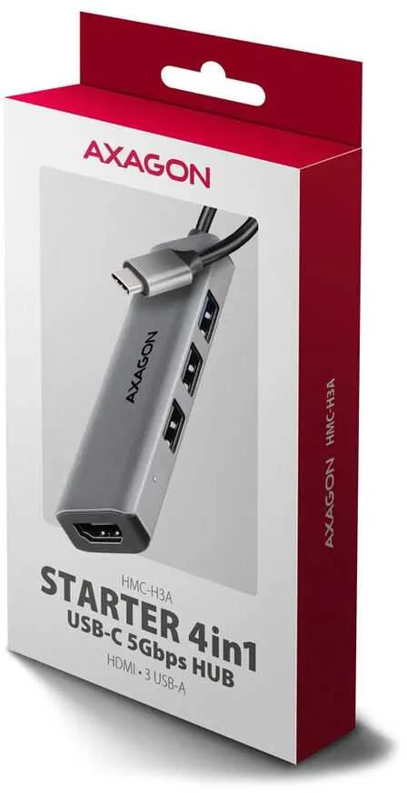 AXAGON HMC-H3A 3x USB-A (2x USB2.0, 1x USB3.0) + HDMI 4K 30Hz, 3.2 Gen 1 šakotuvas, metalinis, 15 cm USB-C laidas