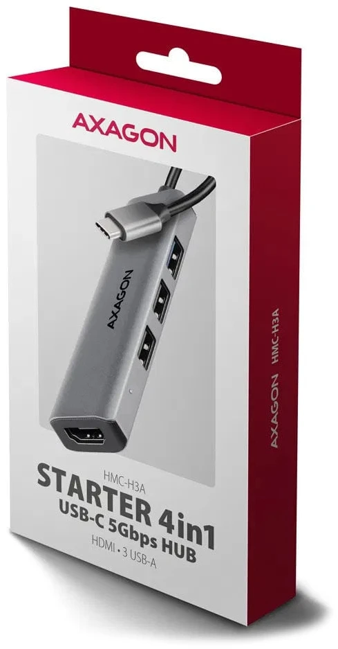 AXAGON HMC-H3A 3x USB-A (2x USB2.0, 1x USB3.0) + HDMI 4K 30Hz, 3.2 Gen 1 šakotuvas, metalinis, 15 cm USB-C laidas