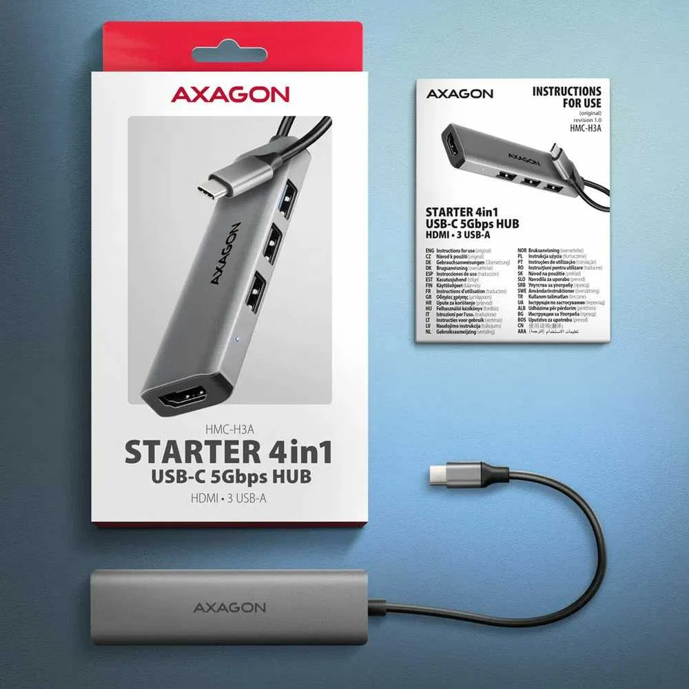 AXAGON HMC-H3A 3x USB-A (2x USB2.0, 1x USB3.0) + HDMI 4K 30Hz, 3.2 Gen 1 šakotuvas, metalinis, 15 cm USB-C laidas