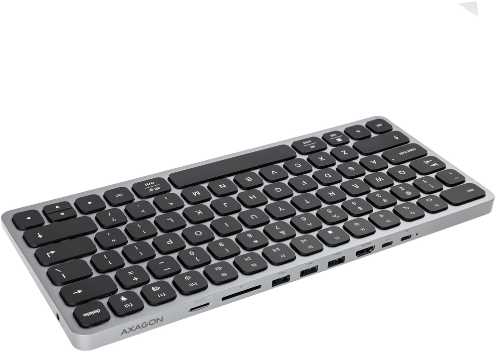 AXAGON HMC-KB klaviatūra USB-C 5Gbps su HUB, Micro SD/SD, 3x USB-A, HDMI 4K/60Hz, PD 100W, Garsas, JAV išdėstymas