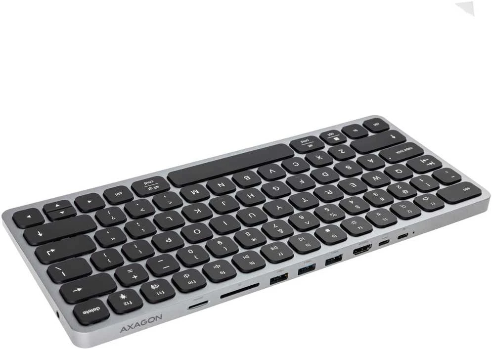 AXAGON HMC-KB klaviatūra USB-C 5Gbps su HUB, Micro SD/SD, 3x USB-A, HDMI 4K/60Hz, PD 100W, Garsas, JAV išdėstymas