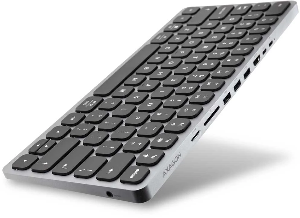 AXAGON HMC-KB klaviatūra USB-C 5Gbps su HUB, Micro SD/SD, 3x USB-A, HDMI 4K/60Hz, PD 100W, Garsas, JAV išdėstymas