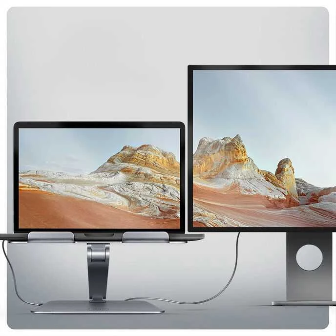 AXAGON HMC-STND ALU stovas su 5 Gbps šakotuvu, skirtas 10–16 colių nešiojamiesiems kompiuteriams, reguliuojamas, 3x USB-A, HDMI 4K/60Hz, GLAN, PD 100 W, USB-C įvestis