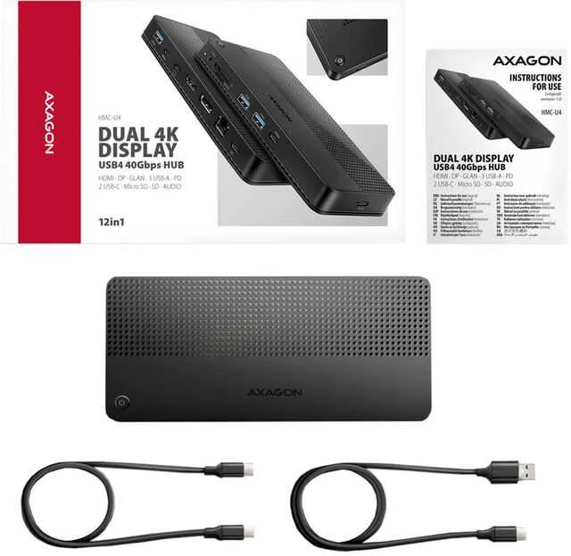 „Axagon HMC-U4“ USB4 stotelė, 3x USB-A, 2x USB-C, HDMI ir DP 8K/30Hz, RJ-45, SD/mSD, garsas, PD