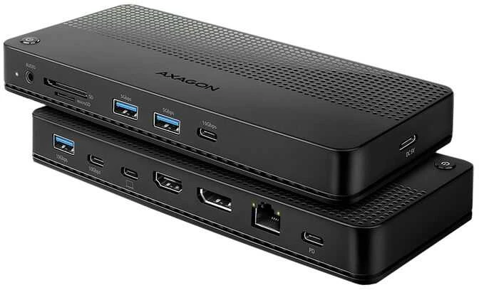 „Axagon HMC-U4“ USB4 stotelė, 3x USB-A, 2x USB-C, HDMI ir DP 8K/30Hz, RJ-45, SD/mSD, garsas, PD