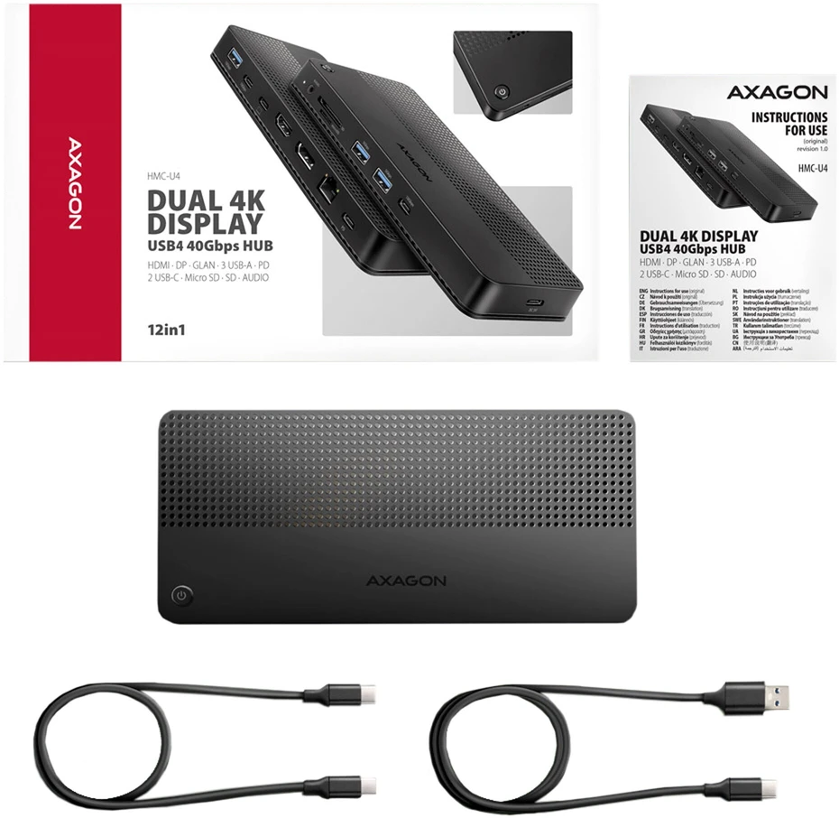 „Axagon HMC-U4“ USB4 stotelė, 3x USB-A, 2x USB-C, HDMI ir DP 8K/30Hz, RJ-45, SD/mSD, garsas, PD