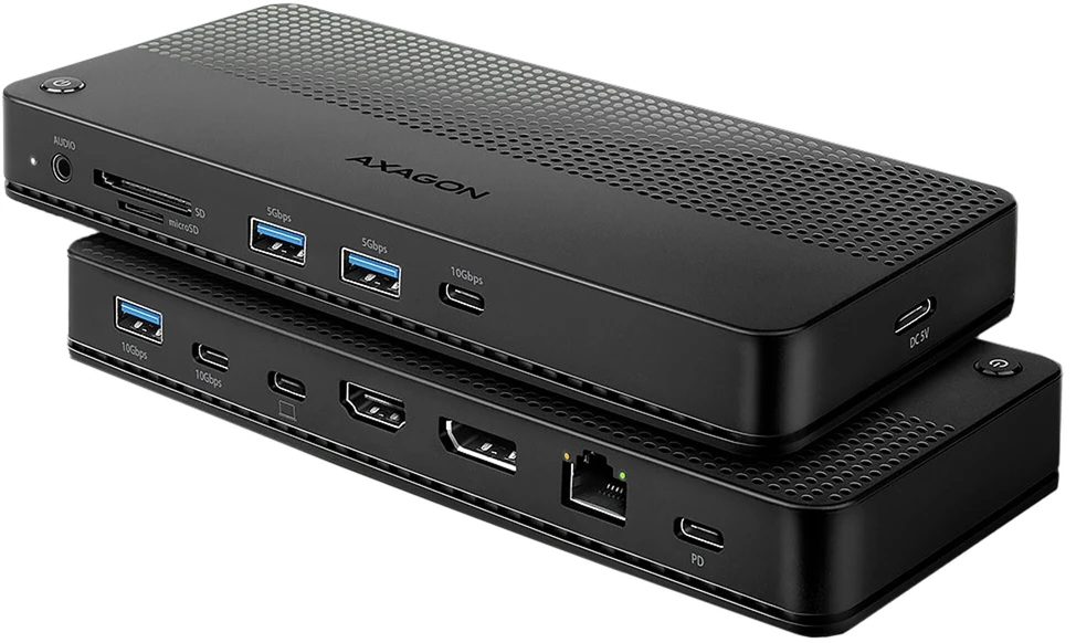 „Axagon HMC-U4“ USB4 stotelė, 3x USB-A, 2x USB-C, HDMI ir DP 8K/30Hz, RJ-45, SD/mSD, garsas, PD