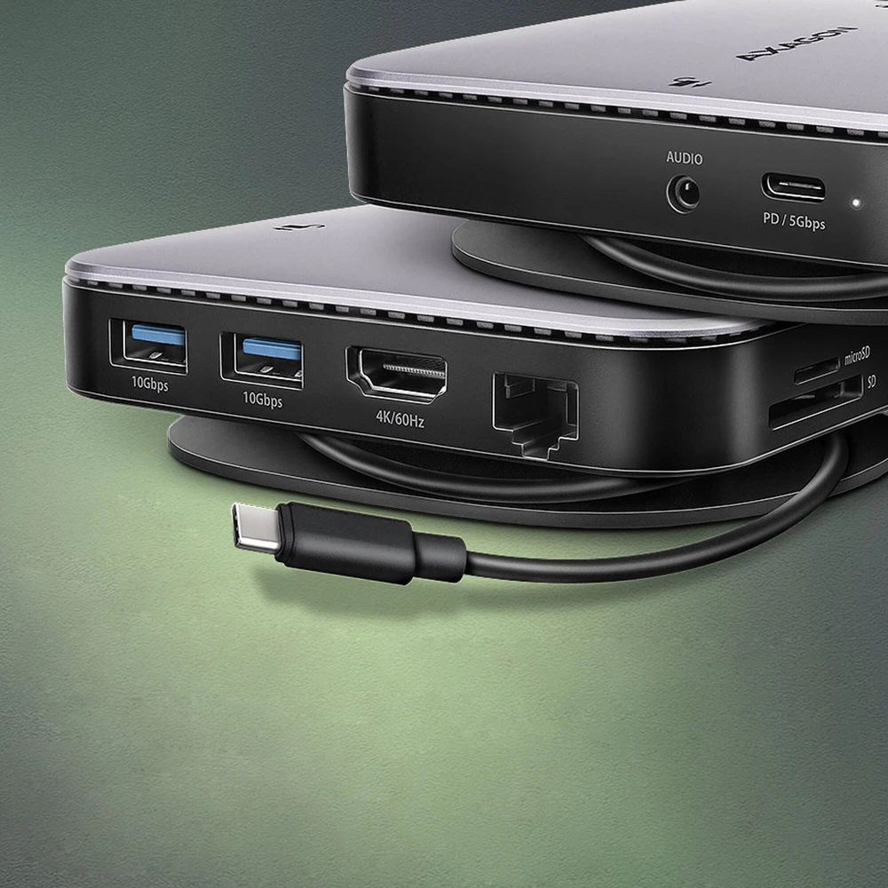AXAGON HMC-UFO USB 10Gbps šakotuvas, 2x USB-A, USB-C, HDMI 4k/60, RJ-45, M.2, SD/mSD, garso jungtis, PD
