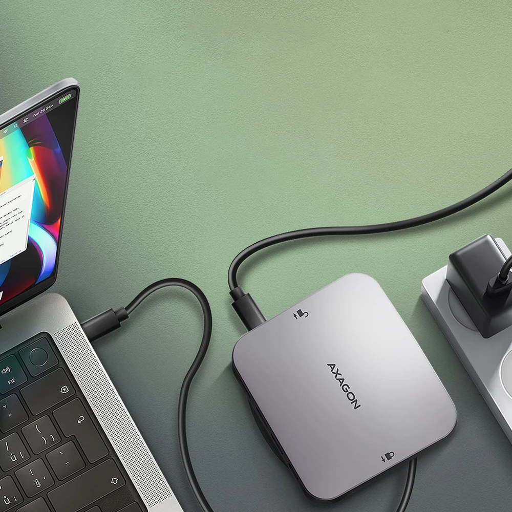 AXAGON HMC-UFO USB 10Gbps šakotuvas, 2x USB-A, USB-C, HDMI 4k/60, RJ-45, M.2, SD/mSD, garso jungtis, PD