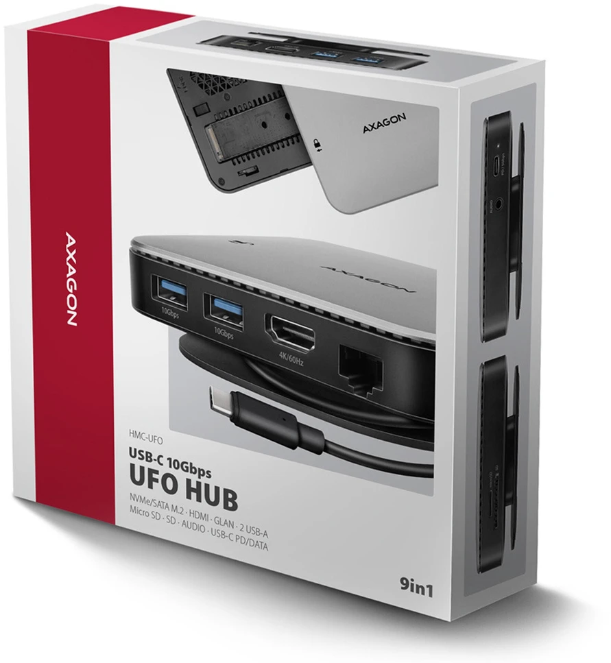 AXAGON HMC-UFO USB 10Gbps šakotuvas, 2x USB-A, USB-C, HDMI 4k/60, RJ-45, M.2, SD/mSD, garso jungtis, PD