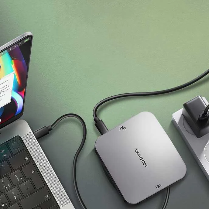 AXAGON HMC-UFO USB 10Gbps šakotuvas, 2x USB-A, USB-C, HDMI 4k/60, RJ-45, M.2, SD/mSD, garso jungtis, PD