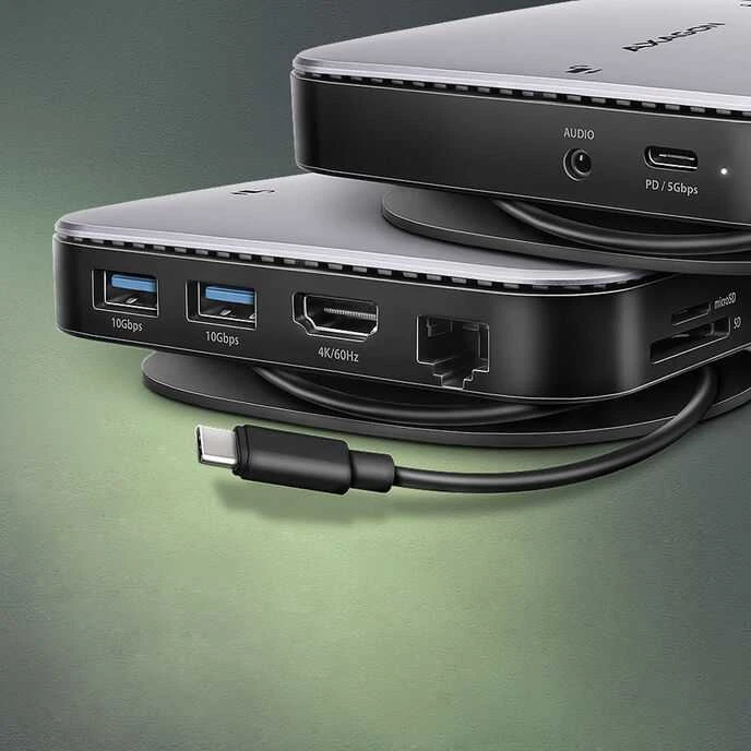 AXAGON HMC-UFO USB 10Gbps šakotuvas, 2x USB-A, USB-C, HDMI 4k/60, RJ-45, M.2, SD/mSD, garso jungtis, PD