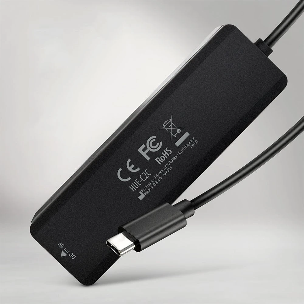 „AXAGON HUE-C2C“ 2x USB3.2 Gen 1 + 2x USB-C 5Gbps kelioninis šakotuvas, USB-C maitinimo įvestis, su 19 cm C tipo laidu