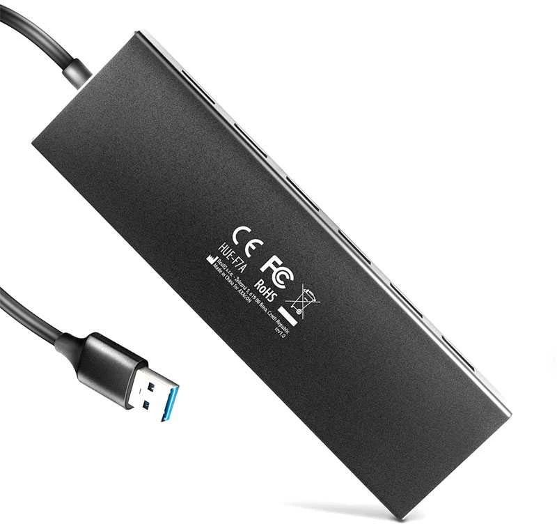 „Axagon“ septynių prievadų USB 3.2 Gen 1 šakotuvas su įkrovimo palaikymu. Jungtis išoriniam maitinimo šaltiniui. USB-A laidas 1 m.