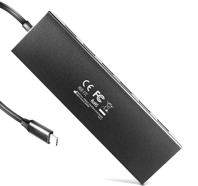 „Axagon“ septynių prievadų USB 3.2 Gen 1 šakotuvas su įkrovimo palaikymu. Jungtis išoriniam maitinimo šaltiniui. USB-C laidas 30 cm.