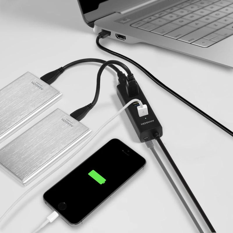 AXAGON HUE-S2BL 4x USB3.0 įkrovimo šakotuvas 1,2 m laidas, MicroUSB įkrovimas