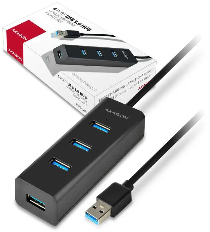 AXAGON HUE-S2BL 4x USB3.0 įkrovimo šakotuvas 1,2 m laidas, MicroUSB įkrovimas
